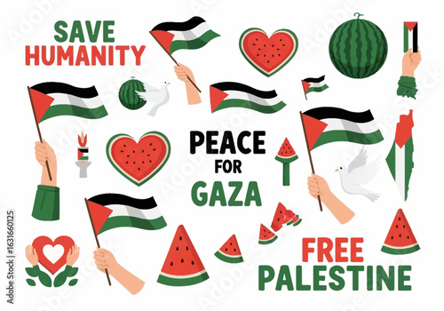 Palestine flags, watermelon hearts, doves, and text promoting peace for gaza and freedom for palestine