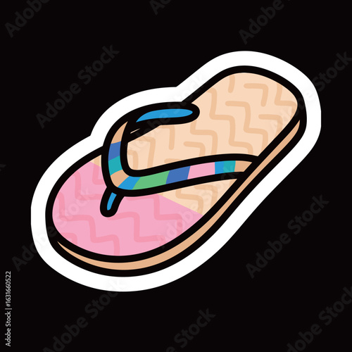 A fun and colorful cartoon flip-flop, a sticker design perfect for summer, vacation, and beach-related themes, isolated on a black background.