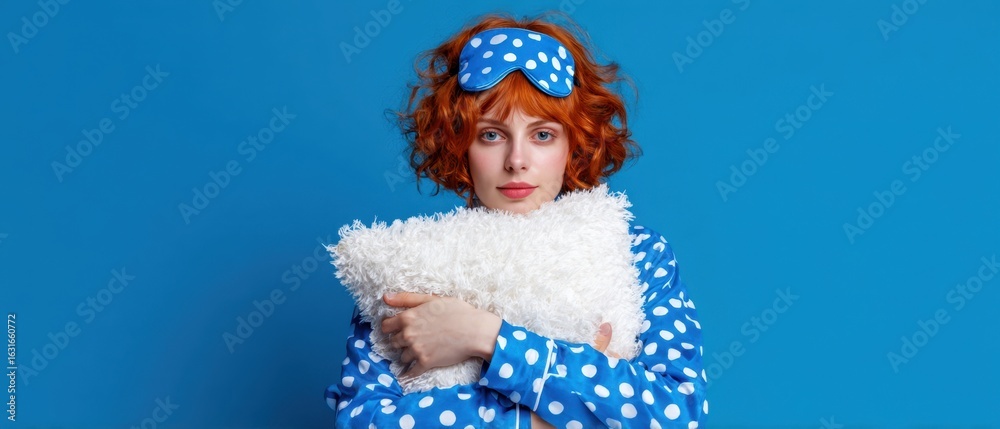 Fototapeta premium The playful woman in polka dot pajamas cuddling a fluffy pillow.