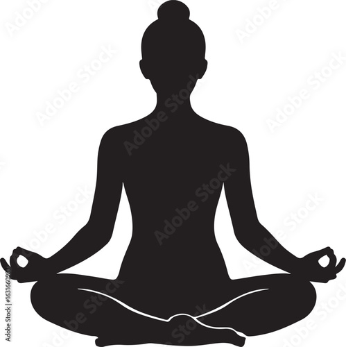 A silhouette of a person doing yoga in lotus pose, calm posture, black vector on white
