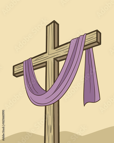 Cartoon wooden cross draped with a purple cloth against light yellow background stands serenely