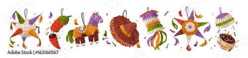 Mexican pinatas set. Different paper figures, toys with shapes of llama, donkey, star with candies, sweets for game at Birthday party in Mexico. Flat isolated vector illustrations on white background