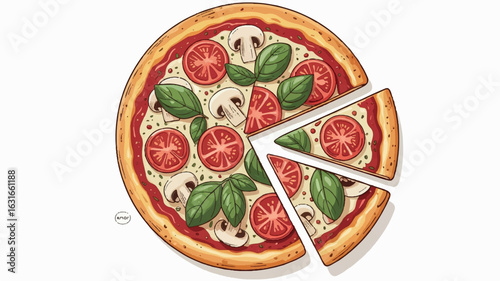 Detailed margherita pizza illustration with fresh ingredients on white background