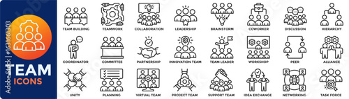 Team icon set. Containing collaboration, teamwork, team building, leadership, unity, coworker, project team, support team icon. Modern line vector illustration.