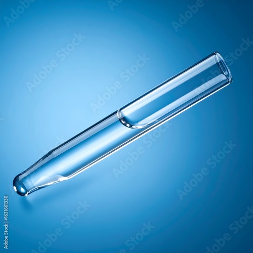 Glass pipette angled against a blue backdrop, partially filled with clear liquid