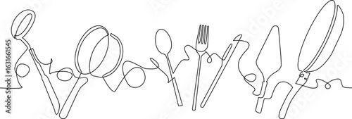  Isolated continuous line drawing illustration of Utensils. Background for Restaurant, Kitchen or Food blog. Vector art.