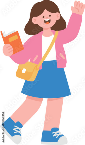 A happy and energetic cartoon girl waving, carrying a book and a shoulder bag, representing a student, education, and back to school themes.