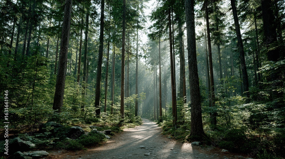 Fototapeta premium Path Through a Dense Forest with Sunlight