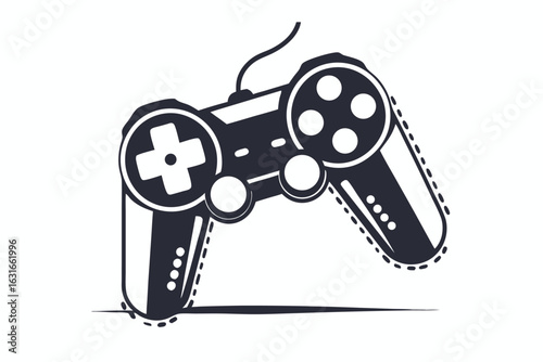 An oldfashioned monochrome gamepad with visible cord and simplistic detail floats on a white backdrop