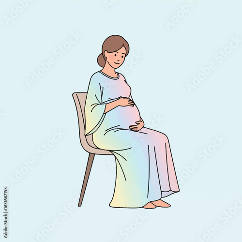 A gentle illustration of a happy pregnant woman lovingly cradling her baby bump. Concept of motherhood, prenatal care, and new life.