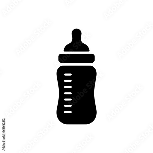 Baby bottle icon. Black and white vector illustration of a baby bottle with nipple and measurement lines. Simple, minimalist design for childcare, parenting, and baby products.