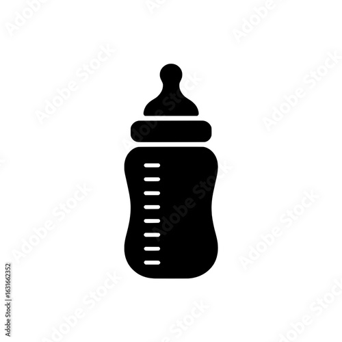 Baby bottle icon. Black and white vector illustration of a baby bottle with nipple, measurement lines. Simple, minimalist design for infant feeding, childcare, and parenting themes. Single, isolated g