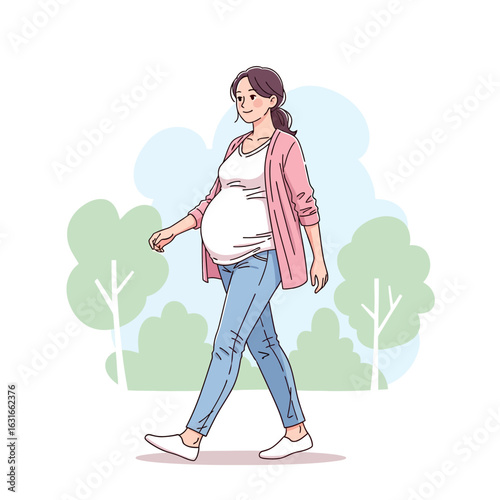 A happy pregnant woman walking in a park. Healthy pregnancy lifestyle, maternity, and wellness concept illustration.