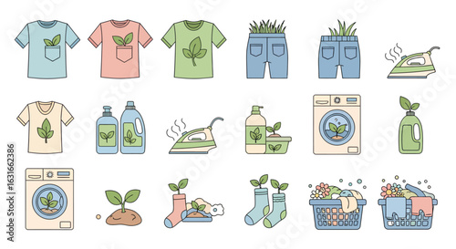 A collection of sustainable laundry and eco-friendly clothing care icons. Green living concept with organic detergents and natural fabrics.