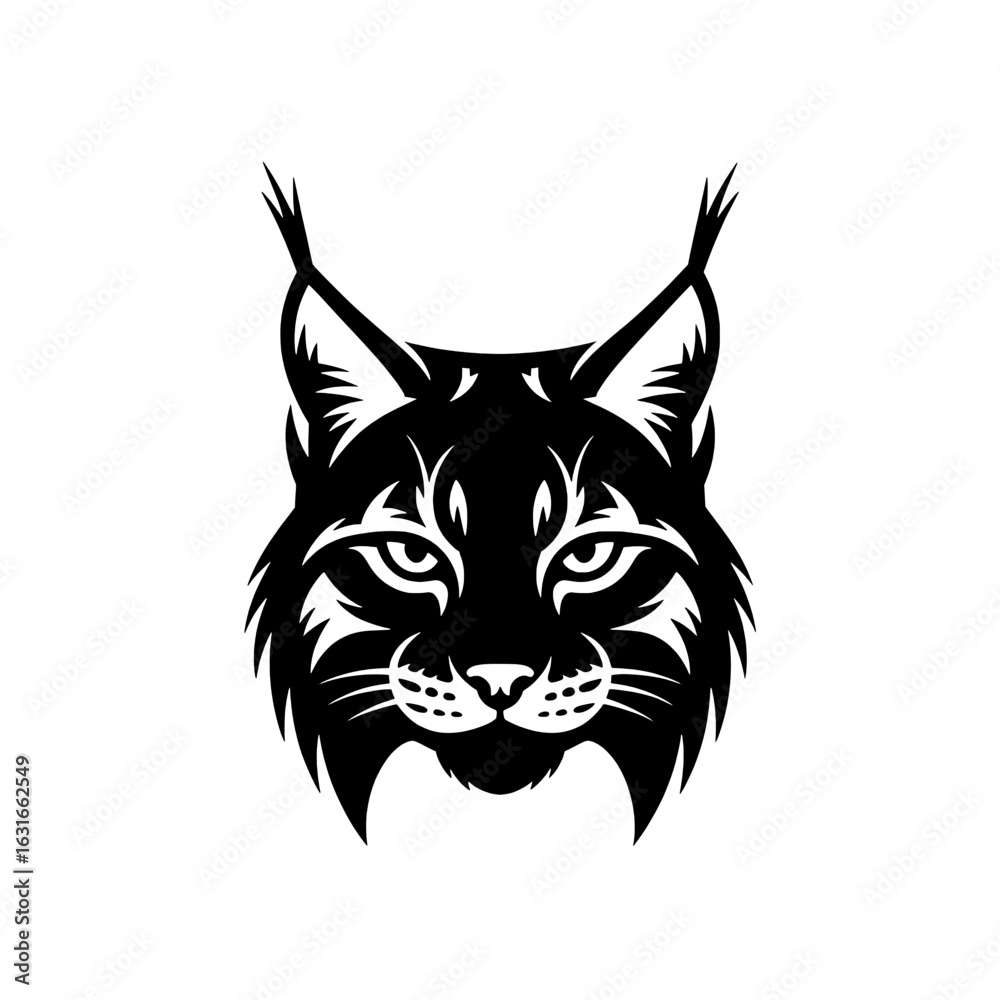 Obraz premium Stylized lynx face illustration. Monochrome vector graphic of a lynx head, featuring detailed fur, pointed ears, and intense eyes. Black and white wildcat logo, emblem, or icon design element. Wildli