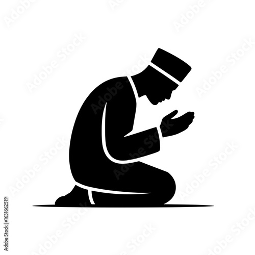 Muslim Man Praying Silhouette. Vector illustration of a person kneeling in prayer, wearing traditional clothing and a kufi cap. Monochrome graphic, black and white, Islamic faith, worship, devotion. S