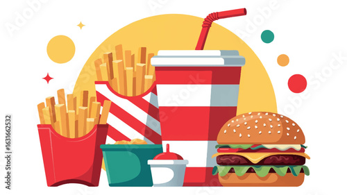 Flat 2d illustration of various fast food items arranged on a light yellow circular background