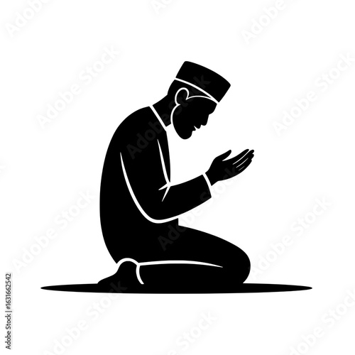 Muslim man praying, Islamic prayer pose. Monochrome vector silhouette illustration of a kneeling person with hands raised, wearing traditional clothing and cap. Simple, symbolic graphic for religious 