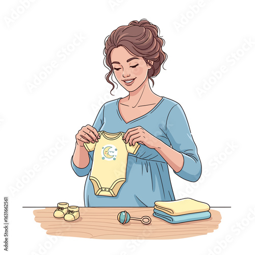 Joyful expectant mother preparing for her newborn, looking lovingly at a baby onesie with other essentials on a table.