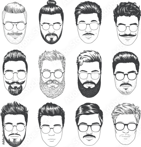 Men’s hairstyle and beard styles collection, vintage and modern look, hipster facial hair, detailed black and white male portraits set