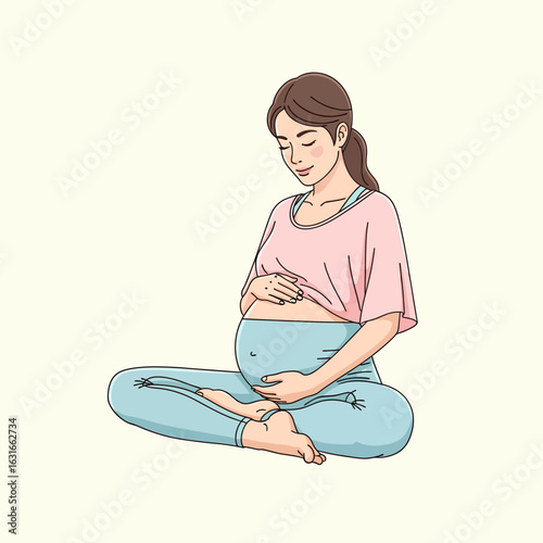 Healthy pregnant woman enjoying a peaceful walk in the park. Maternity and wellness concept illustration.