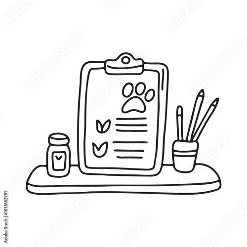 doodle illustration of a pet medical record board placed on doodle illustration of a work desk