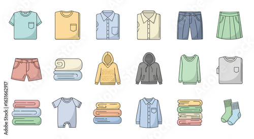 Fashion and apparel icon collection. A set of flat, colorful illustrations featuring various clothing items like shirts, pants, and sweaters for a modern wardrobe concept.