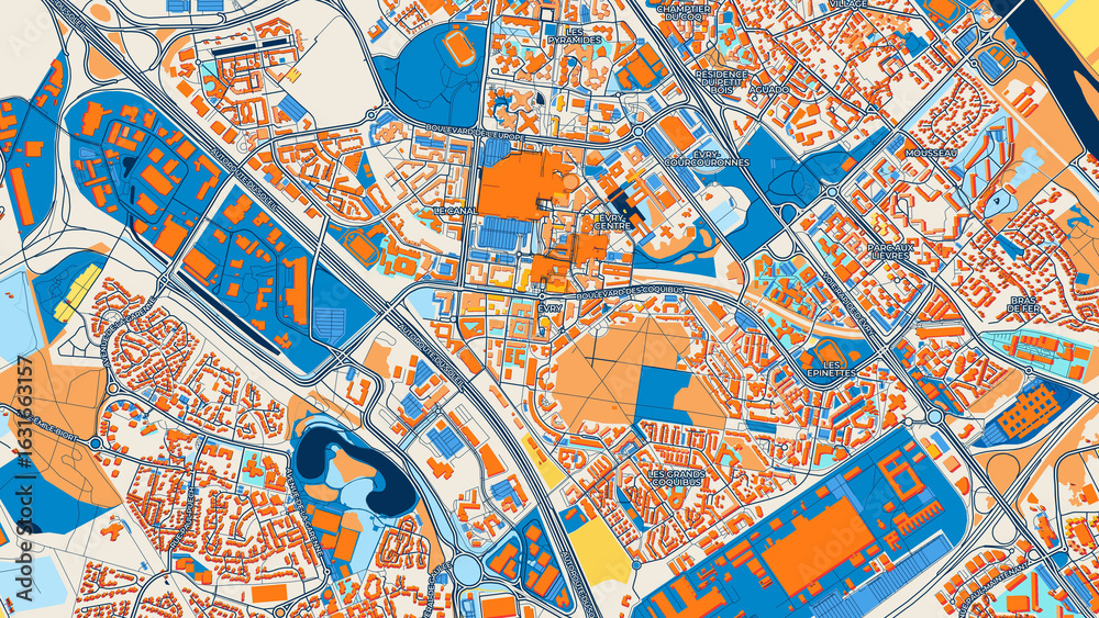 Obraz premium Colorful Évry Street Map with Labels and Buildings
