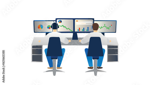Two analysts working with multiple monitors displaying charts and graphs in an office environment