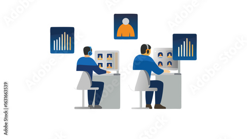 Two people attend a virtual meeting with headsets and computers showing video call interfaces and graphs