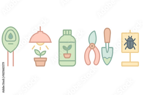 Gardening tools and supplies arranged for indoor plant care at home during spring season