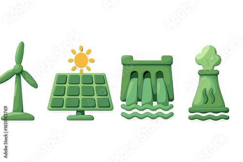 Innovative energy symbols represent sustainable sources including wind, solar, hydro, and geothermal power in a colorful design