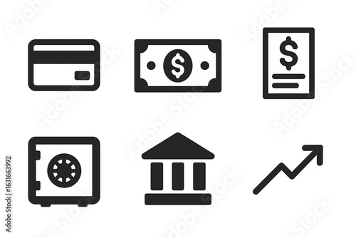 Visual representation of financial elements including cards, cash, bank, and safe showcasing concepts of saving and investing
