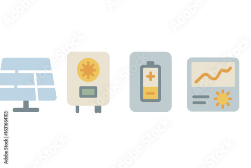 Solar energy systems showcasing solar panel, battery, inverter, and performance monitor for renewable power generation