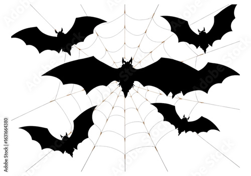 Create a Chilling Atmosphere with This New Transparent Background Vector Illustration of a Halloween-Themed Silhouette, Complete with Bats and a Big Spider Web.