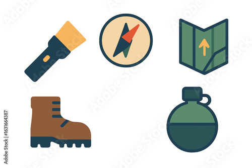 Gear essentials for outdoor adventures including flashlight, compass, map, boot, and water bottle