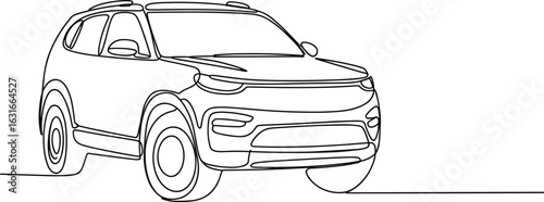 Minimalist one-line drawing of a modern SUV car, black continuous line art on white background, automotive illustration vector