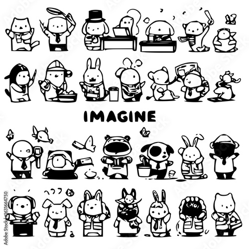Collection of cartoon animals in various professions and poses in black and white line drawing style
