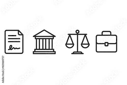 Legal concepts and symbols representing justice, government, and law practice in a minimalist style