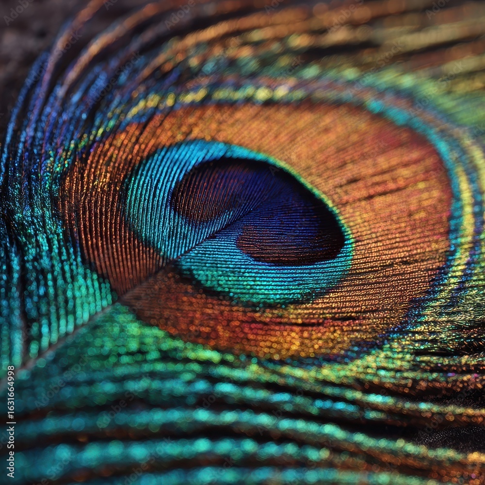 Obraz premium Macro view of a vibrant peacock feather showing iridescent blue, green, gold, and brown colors