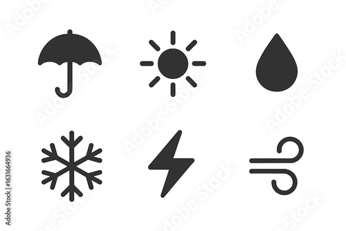 Weather icons representing various conditions including sun, rain, snow, and wind in a minimalistic design style