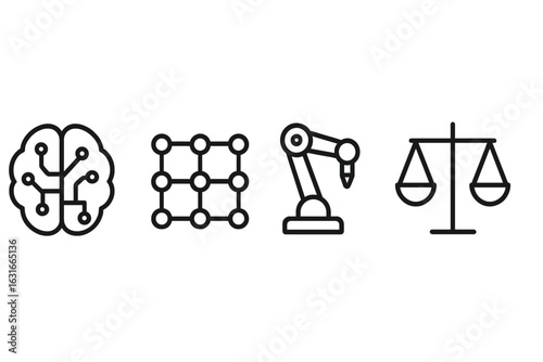 Symbols representing artificial intelligence, technology, automation, and ethics in contemporary society