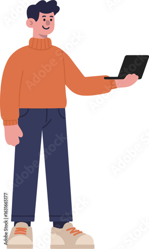 Young Man Holding a Laptop Computer while Standing and Smiling