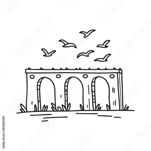 Birds gliding below doodle illustration of a concrete viaduct