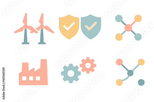 Wind turbines and industrial icons represent renewable energy and technology in a colorful illustration