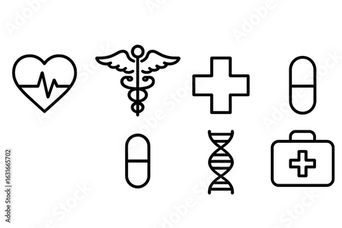 Health and wellness symbols representing medicine and science in a minimalist design