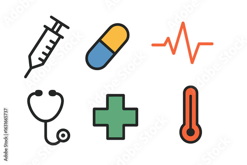 Medical symbols including syringe, pill, heart rate line, stethoscope, cross, and thermometer on white background