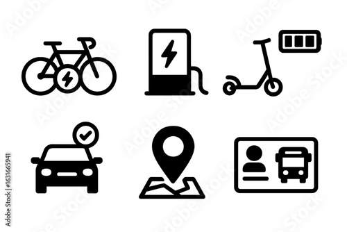 Various modes of electric transportation including bicycles, scooters, and cars displayed in a minimalist design