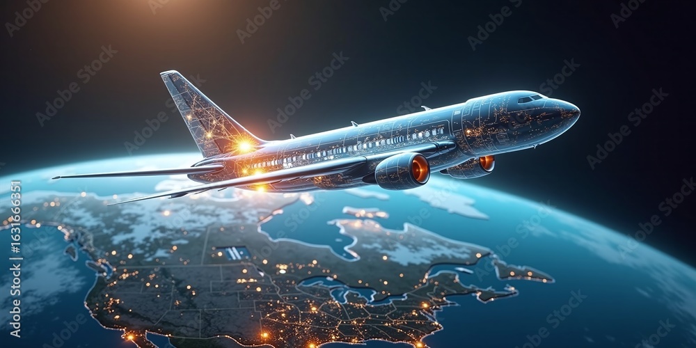 Naklejka premium airplane soars above a brightly lit Earth, symbolizing global travel and connection