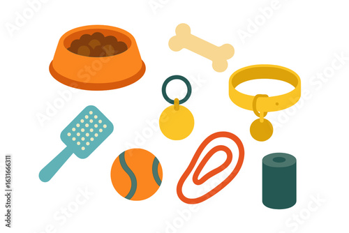 Pet accessories and supplies arranged on a white background showcasing essential items for dog care and playtime